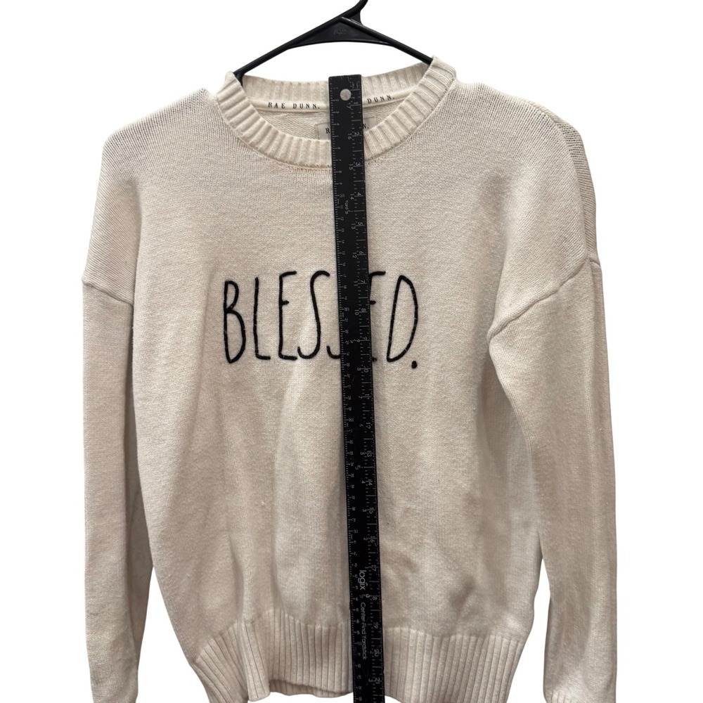 Rae Dunn Blessed Sweater Cream Knit Long Sleeve Crew Neck Pullover Small - Picture 5 of 7
